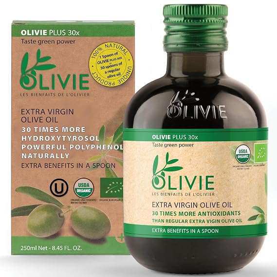OLIVIE PLUS 30X Organic High Polyphenol Extra Virgin Olive Oil, 250ml | Ultra-High Hydroxytyrosol, Polyphenol Rich 1250 mg/kg, Research-Backed Moroccan Cold Pressed EVOO, Kosher, Premium Finish