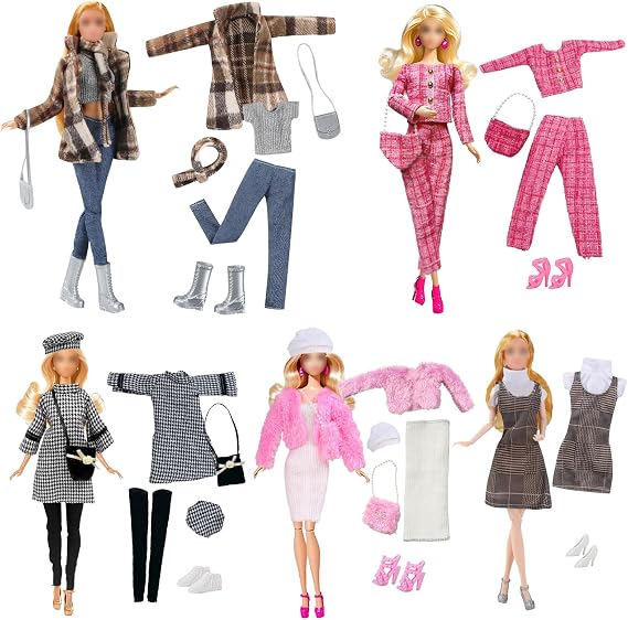 17 Pcs Doll Clothes, 11.5 Inch Fashion Pack 5 Set Accessories Retro Brown Coat Houndstooth Skirt Pink Fashionable Suit Evening Gown Set New Dress 5 Shoes 4 Bags 2 Hats 1 Scarf
