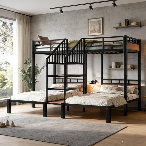 Bellemave Twin Over Twin & Twin Bunk Bed with Shelves, Metal Triple Bunk Beds with Safety Guardrails and Underbed Storage, Heavy-Duty 3 Bunk Beds for Kids, Teens, Adults, No Box Spring Needed, Black