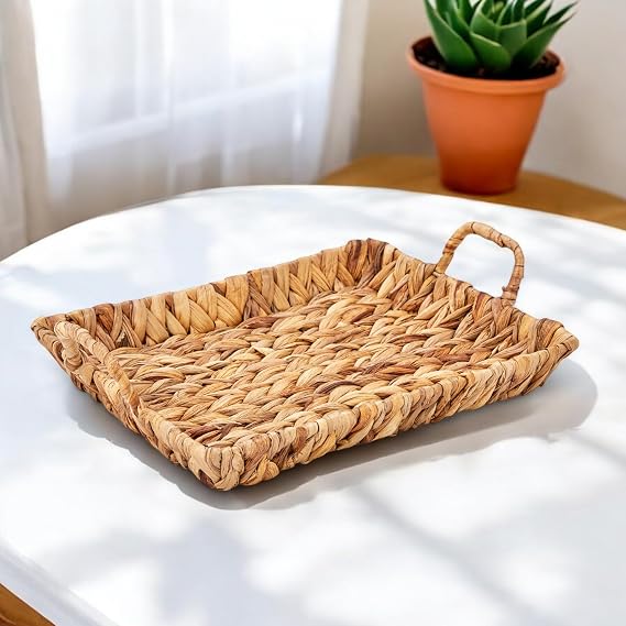 Deconox El Yapımı Su Sümbülü Hasır Kulplu Dekoratif Tepsi Büyük Boy (32cm*25cm*4cm)