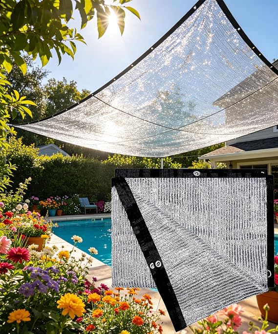 70-85% Aluminet Shade Cloth 3 x 3m/10x10ft,Reflective Sun Block Mesh Tarp | Aluminum Sunshade Net with Grommets, Sun Shade for Garden, Patio, Plant, Greenhouse, Pet, Car, Yard, Outdoor, Shelters
