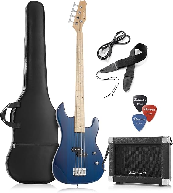Full Size Electric Bass Guitar with 15-Watt Amp, Blue - 4 String Right Handed Beginner Kit with Gig Bag and Accessories