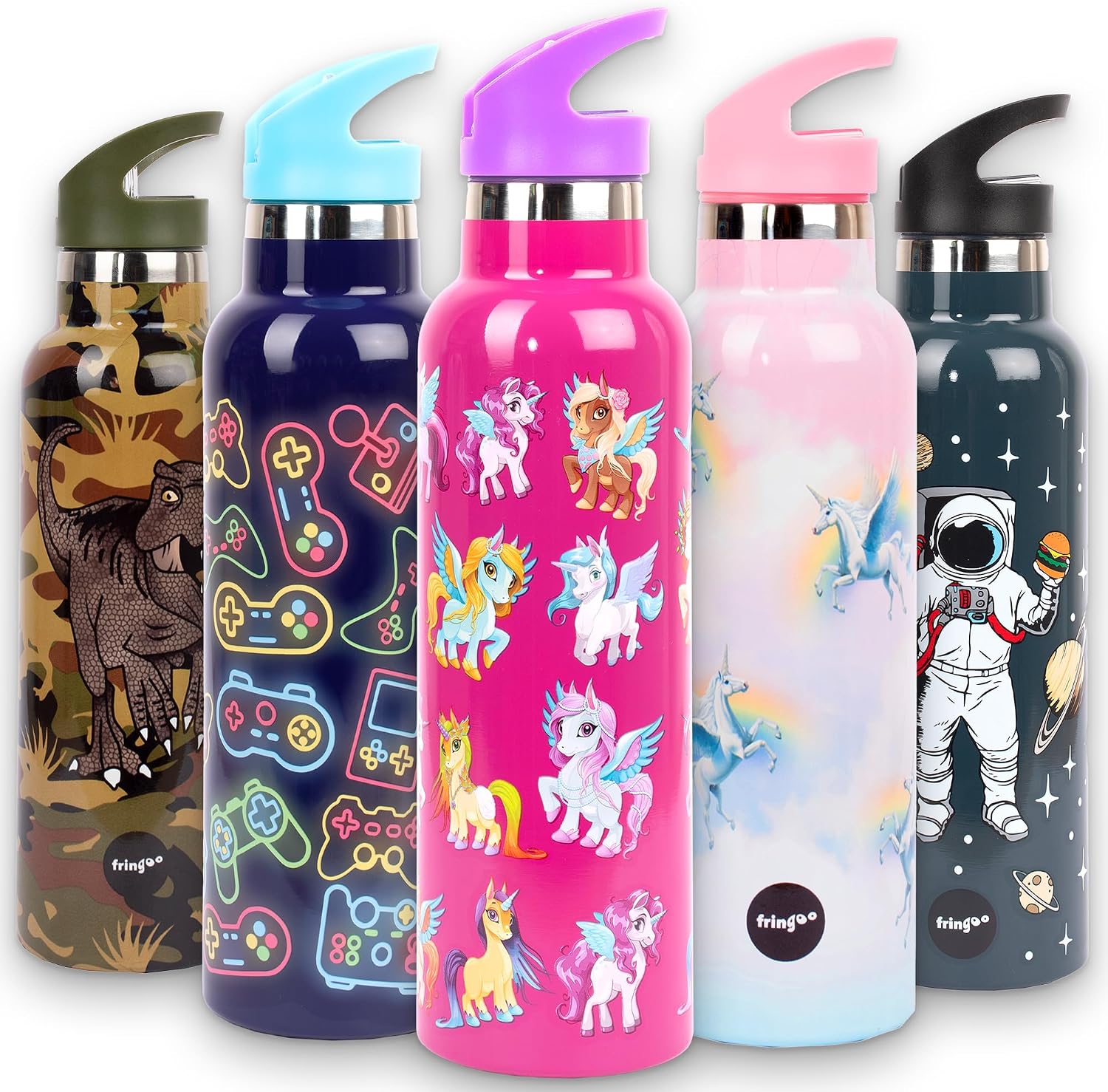 Fringoo - Magic Unicorn 600ml Kids Stainless Steel Insulated Water Bottle with Straw - Keeps Drinks Hot/Cold Up to 10 Hours