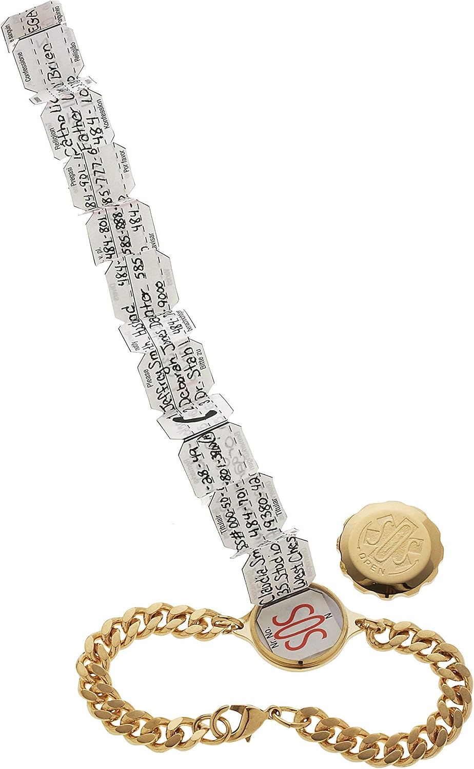 The original as sold on QVC - SOS Reversible 2-sided Emergency Medical Alert ID Gold-Plated Stainless-Steel Curb Link Bracelet for Women and Men; Bonus Waterproof Pen and 5 SOS Data Strips; 7.5 Inches