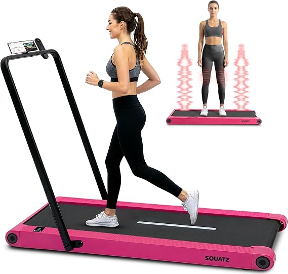 Squatz 2in1 Walking Pad Treadmill with Handlebar & Vibration Plates - Compact Walking Pad with LED Display, Device Holder, Quiet 1.0HP Motor & Remote for Home or Office Fitness