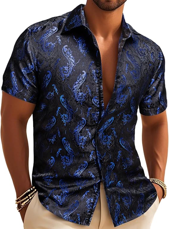 YOHOWA Men's Silk Paisley Short Sleeve Button Down Shirts Disco Mexico Prom | Designer Vintage Floral Jacquard,Luxury Classic 70s,Casual,Business,Button Up Fancy Dress,Lightweight,Untucked,Wedding,Party