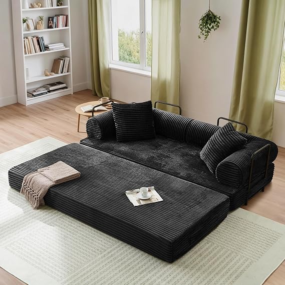 Antetek Convertible Futon Sofa Bed, 3-Seater Modern Corduroy Foam Floor King Size Bed Foldable Sleeper Lounge Loveseat Sofa Couch with 2 Throw Pillows for Living Room Bedroom Guest Room, Deep Black