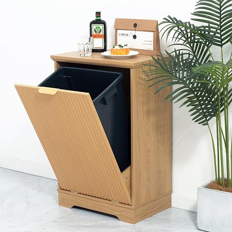 Tilt Out Trash Cabinet 13 Gallon Trash Can Cabinet Fluted Wooden Hidden Garbage Can Cabinet for Kitchen, Living Room