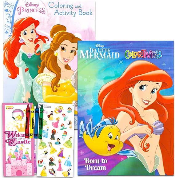 The Little Mermaid Coloring Book Set - Bundle of 2 Jumbo Ariel Activity Books with Stickers, and More | Princess Drawing Pack for Girls