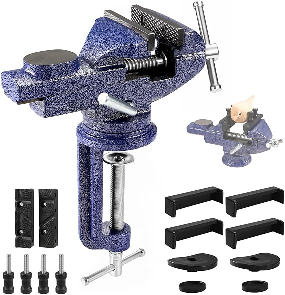 Table Vise, 3" Bench Vise Universal Rotate 360 Work Clamp-On Vise, Table Vice clamp With Multifunctional Jaw for Woodworking, Drilling, Sawing, Metal Working