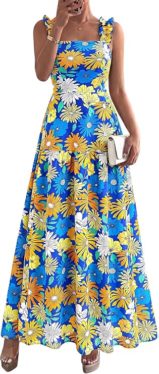 BTFBM Dresses for Women Summer 2026 Formal Long Wedding Guest Dress | Square Neck, Ruffle Straps,Smocked,Pockets,Floral,Maxi,Homecoming Dresses,Cocktail,Prom,Beach Vacation Clothes