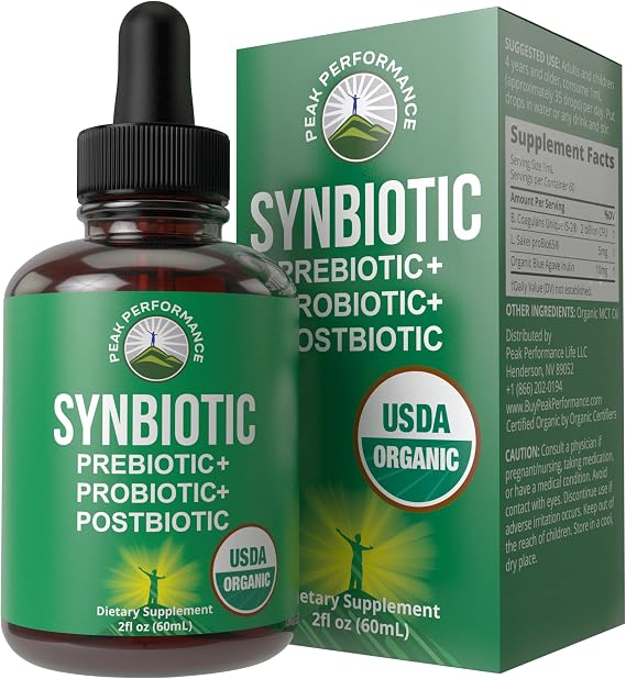 Organic Synbiotic = Prebiotics + Probiotics + Postbiotics 3-in-1 Supplement | For Women, Men, Kids. Pre, Pro, Post Biotics Liquid Drops for Gut + Microbiome Balance. Made in USA, Vegan, Zero Sugar