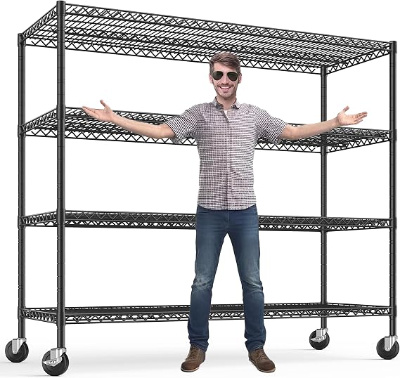 REIBII 4-Tier Heavy Duty Shelving with Wheels, 2480LBS Storage Shelf Rack