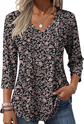 Zeagoo 34 Length Sleeve Womens Tops Casual V Neck Pleated Top Boho Floral Blouses Work Shirts