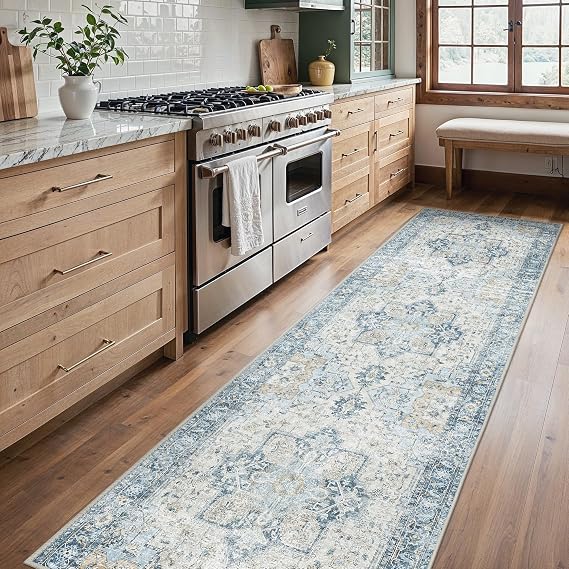 BESBLEE 2'6"x8' Washable Runner Rug Non Slip for Hallway, Blue/Gold