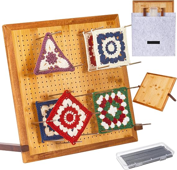 13" Crochet Blocking Board for Granny Square with 25 Pegs(Pins) & Felt Bag