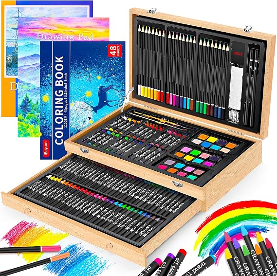iBayam 150-Pack Art Supplies, Deluxe Wooden Art Set, Drawing Painting Kit