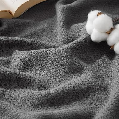 Bedsure GentleSoft 100% Cotton Large Throw Blanket for Couch 50x70 inches - Breathable and Lightweight, Soft Cozy Herringbone Woven Cotton Throw for Summer, Dark Grey Office Chair Blanket