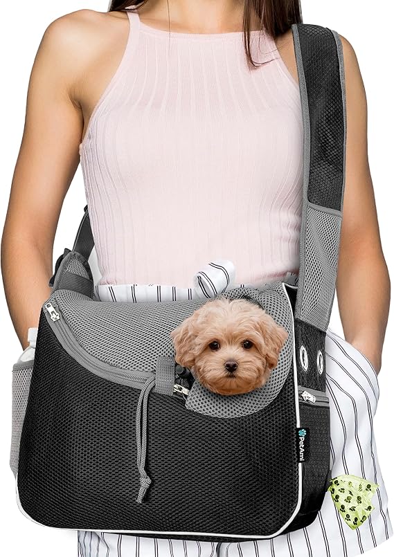 PetAmi Dog Sling Carrier for Small Dog, Hands Free Crossbody Carrier, Black