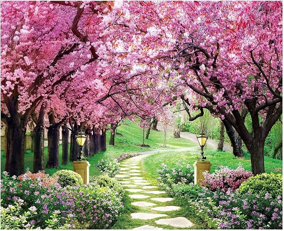 Funnytree 118" x 95" Spring Backdrop Flower Tree Garden Path Landscape Background Wedding Baby Shower Birthday Party Decor Banner Supplies Studio Photography Photo Booth Prop Gift