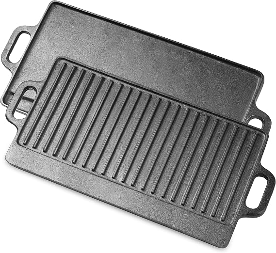 ProSource 2-in-1 Reversible 19.5 x 9 Cast Iron Griddle with Handles, Preseasoned & Non-Stick for Gas Stovetop, Oven and Open Fire.