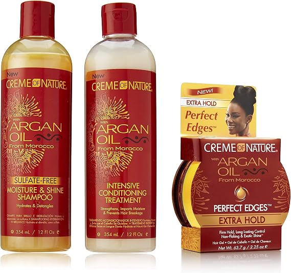 Crème Of Nature Argan Oil from Morocco Shampoo & Conditioner Set 12oz BUNDLE with Perfect Edges Extra Hold 2.25oz