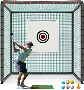 Shopsource Golf Cage with Steel Freame, 10x10x10ft Golf Hitting Net Cage with Rubber Hose, Noise Reduction for Backyard Indoor Outdoor Lawn Practice(Includes 1 Hitting Mat 6 PU Balls 1 Tee)