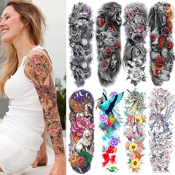 Full Arm Temporary Tattoo Sleeve for Women 8 Sheets, Flora Tattoos Temporary, Fake Tattoos That Look Real, Skeleton, Skull for BBQ Pool Beach Party