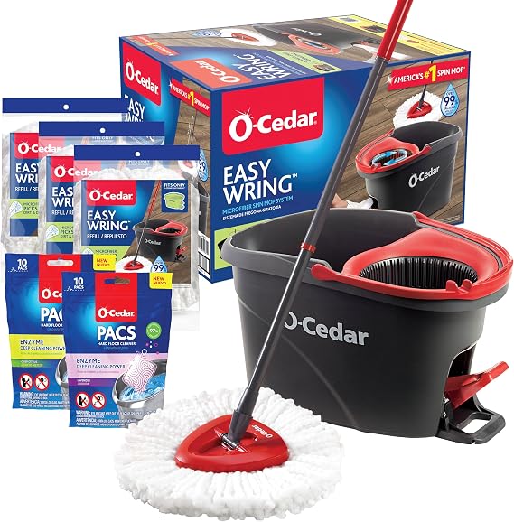 O-Cedar System Easy Wring Spin Mop & Bucket with 3 Extra Refills with Citrus and Lavender Pacs (Variety Pack)