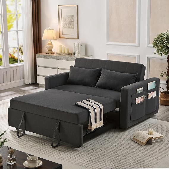 55.5" Fabric Sofa Bed, Pull Out Sleeper Sofa Bed, Black