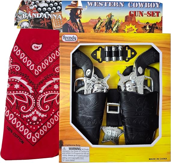 Red Bandana, Toy Gun Play Set, Black and Chrome Finish Badge Western Cowboy Costume Accessories, for Halloween Parties