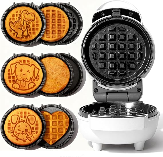 SugarWhisk 6-in-1 Mini Waffle Maker With Removable Plates, 4.5'' Mini Waffle Iron for Holiday, Halloween & Christmas Waffle Maker Machine, Premium Ceramic Coating, 8 Detchable Plates, White