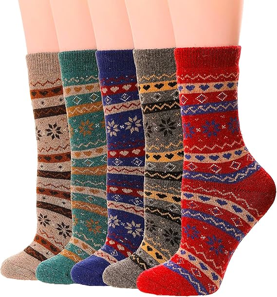 YZKKE 5Pack Womens Vintage Winter Soft Warm Thick Cold Knit Wool Crew Socks, Multicolor, free size