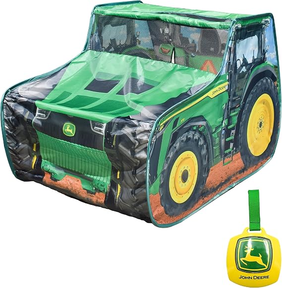 John Deere Pop Up Tent Tractor Playhouse for Kids | Removable Key Fob with Tractor and Farm Sounds | Vehicle Toys for Toddlers - Sunny Days Entertainment | Polyester Fabric, 41 x 26.75 x 27.5 in, 2 Min Setup, Folds Flat Storage, Rear Door Entry, Roof Opening, No Floor Design