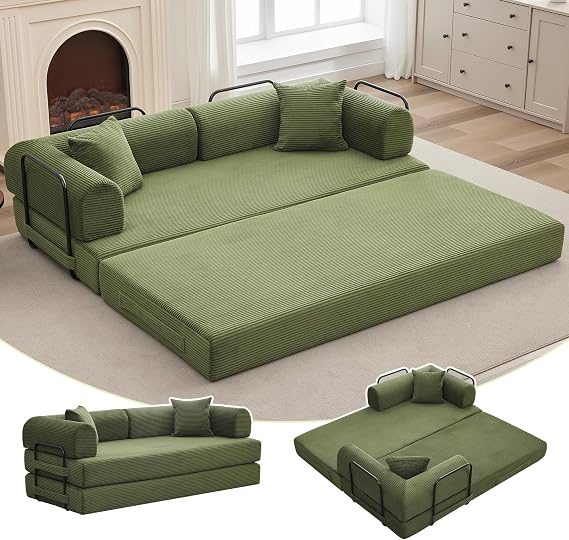 78.7" Convertible Sleeper Sofa Bed, 4-in-1 Corduroy Folding Sleeper Sofa Couch with Fixed-Shape Frame & Pillow, Boneless Couch Floor Mattress Loveseat Sleeper for Living Room - No Assembly, Green