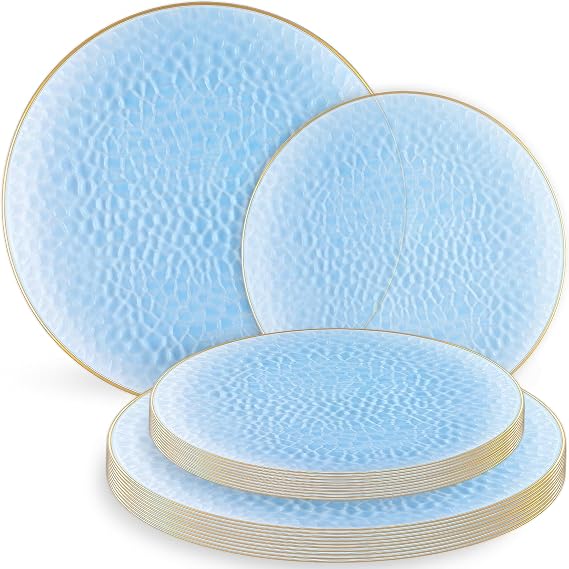 Organic Hammered Dusty Blue Plates Disposable, (32 Ct) 7" & 10" Blue Clear Plastic Plates Combo, Perfect Blue Disposable Plates for Fancy Plastic Dinnerware Sets and Plastic Party Plates Set