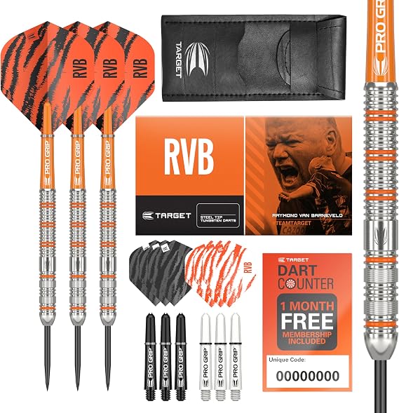 Target Darts Raymond Van Barneveld RVB 22G Tungsten Steel Tip Darts Set - 9 Pro Grip Shafts - 9 Pro Ultra Flights Dart Wallet - Dart Counter App Coupon Bundle