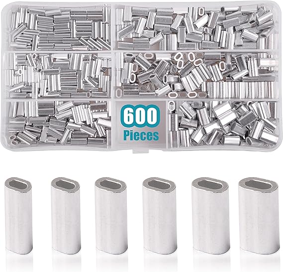 OROOTL Fishing Crimp Sleeves Kit, 600pcs Single Barrel Crimp Sleeves Assortment Aluminum Fishing Line Crimping Sleeves Oval Fishing Loop Sleeves Tube Connector Wire Rope Cable Leader Rigging Tackle