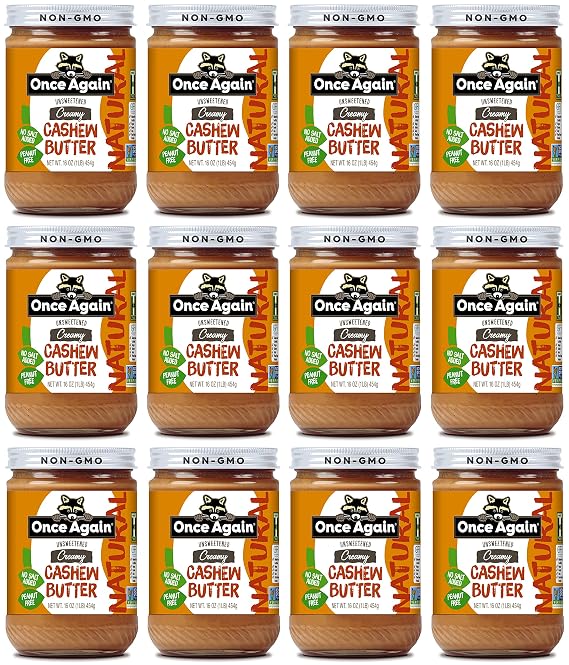 Once Again Natural Creamy Cashew Butter, 16oz - Unsweetened - Peanut Free, Gluten Free Certified, Vegan, Kosher - Glass Jar - Case of 12