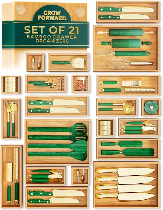 Grow Forward Bamboo Drawer Organizer Boxes Set of 21 - Kitchen, Bathroom, Office, Desk, Nightstand, Vanity, Cosmetic Storage Trays - Nesting Wooden Junk Drawer Organizer Bins - 4 Assorted Sizes