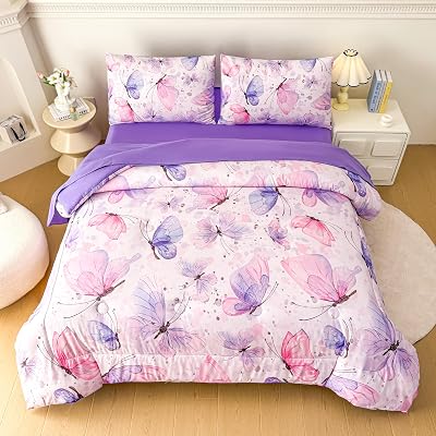 MWMWMW Girls Full Size Comforter Set, 5 Piece Pink Purple Butterfly Bedding Set for Girls Kids, Girls Beddding Set Full with 1 Comforter, 1 Flat Sheet, 1 Fitted Sheet & 2 Pillowcases