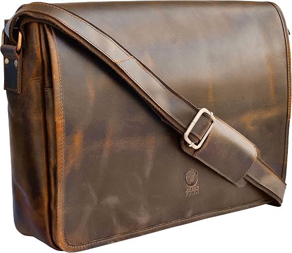 Leather Messenger Bag for Men - 16 Inch Full Grain Vintage Laptop Satchel | Crossbody Office Bag Fits 16" Laptop, Quick Access Pockets, Adjustable Shoulder Strap, Magnetic Closure, Travel Trolley Strap