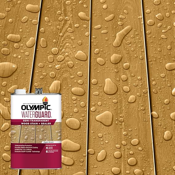 Olympic WaterGuard 1 gal Maple Brown Semi-Transparent Wood Stain & Sealer | Water-Based Deck, Fence & Siding Stain, Waterproofing UV