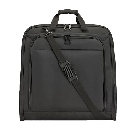 Amazon Basics 46" Premium Garment Bag for Travel, Suit Bag with Shoulder Strap for Suits and Dresses, 1680D Polyester Fabric, Exterior/Interior Pockets, Leather-reinforced Corners, Trifold, Black