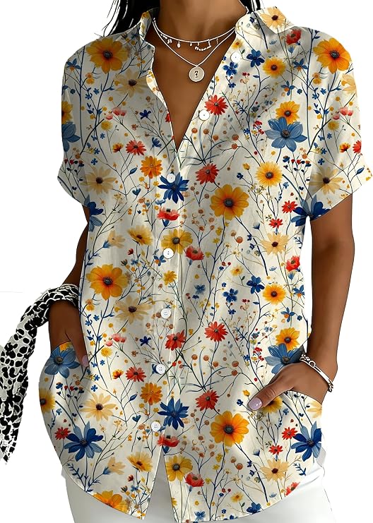 Short Sleeve V Neck Button Down Floral Shirt Womens Boho