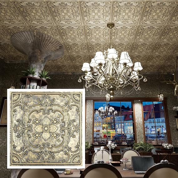 Square Ceiling Tiles, Decorative PVC Panels, for Office Building PL19 10tiles/lot (Ancient Gold)