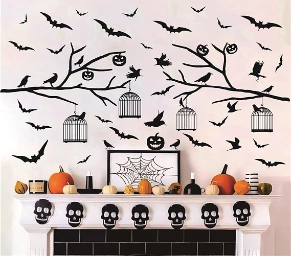 Halloween Branches Decals Black Crow Wall Decals Bat Wall Decal Peel and Stick Removable Pumpkin Wall Stickers Living Room Bedroom Decoration Halloween Party Supplies