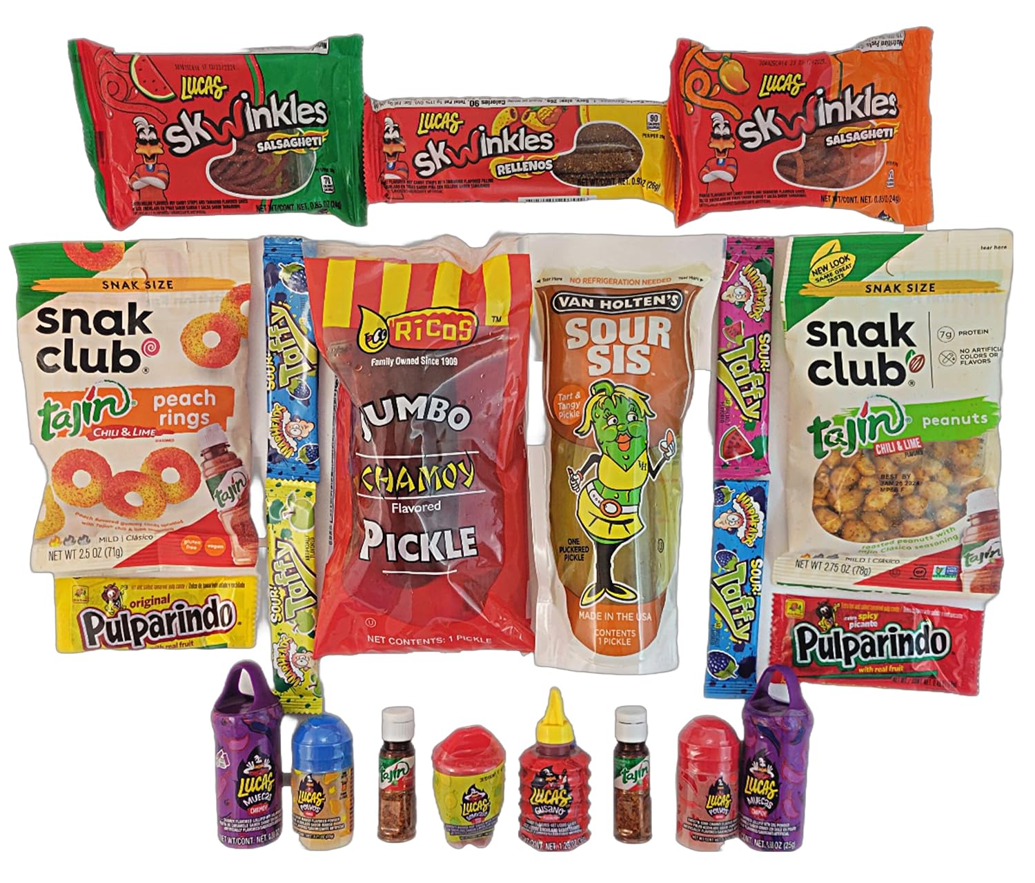 Chamoy Pickle Kit with 2 Jumbo Pickles Assorted Mexican Candies and Tajin 21 items