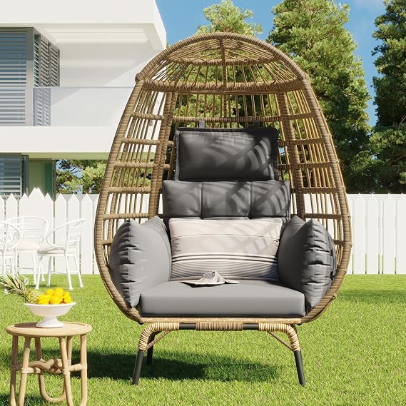 Wicker Egg Chair, Extra Large Indoor Outdoor Egg Chair with Removable Seat Cushion, 350 lb. Metal Stand. Patio Egg Chair is Suitable for Indoor, Courtyard and Swimming Pool.Gray