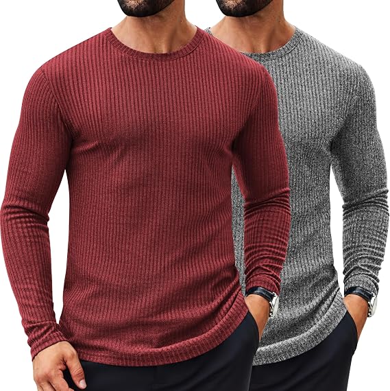 COOFANDY Men's 2 Pack Muscle T-Shirt Stretch Long Sleeve Gym Workout Bodybuilding Training Tee Shirts Casual Hipster Tops